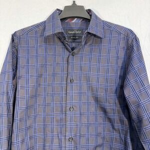 Kenneth Roberts Platinum Shirt Mens Medium Slim Blue Plaid Long Sleeve Button Up